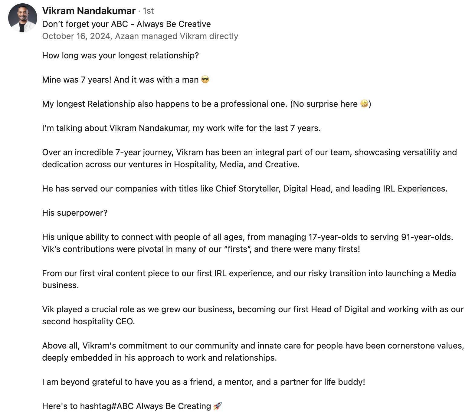 Recommendation from Vikram Nandakumar — Chief Storyteller / Digital Head