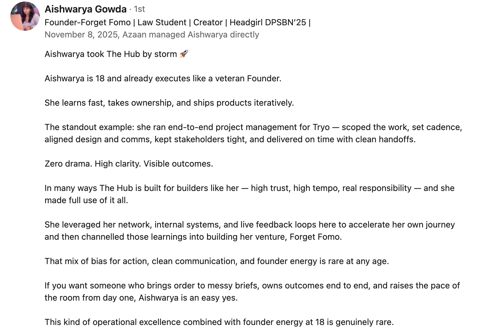 Recommendation from Aishwarya Gowda — Founder, Forget Fomo