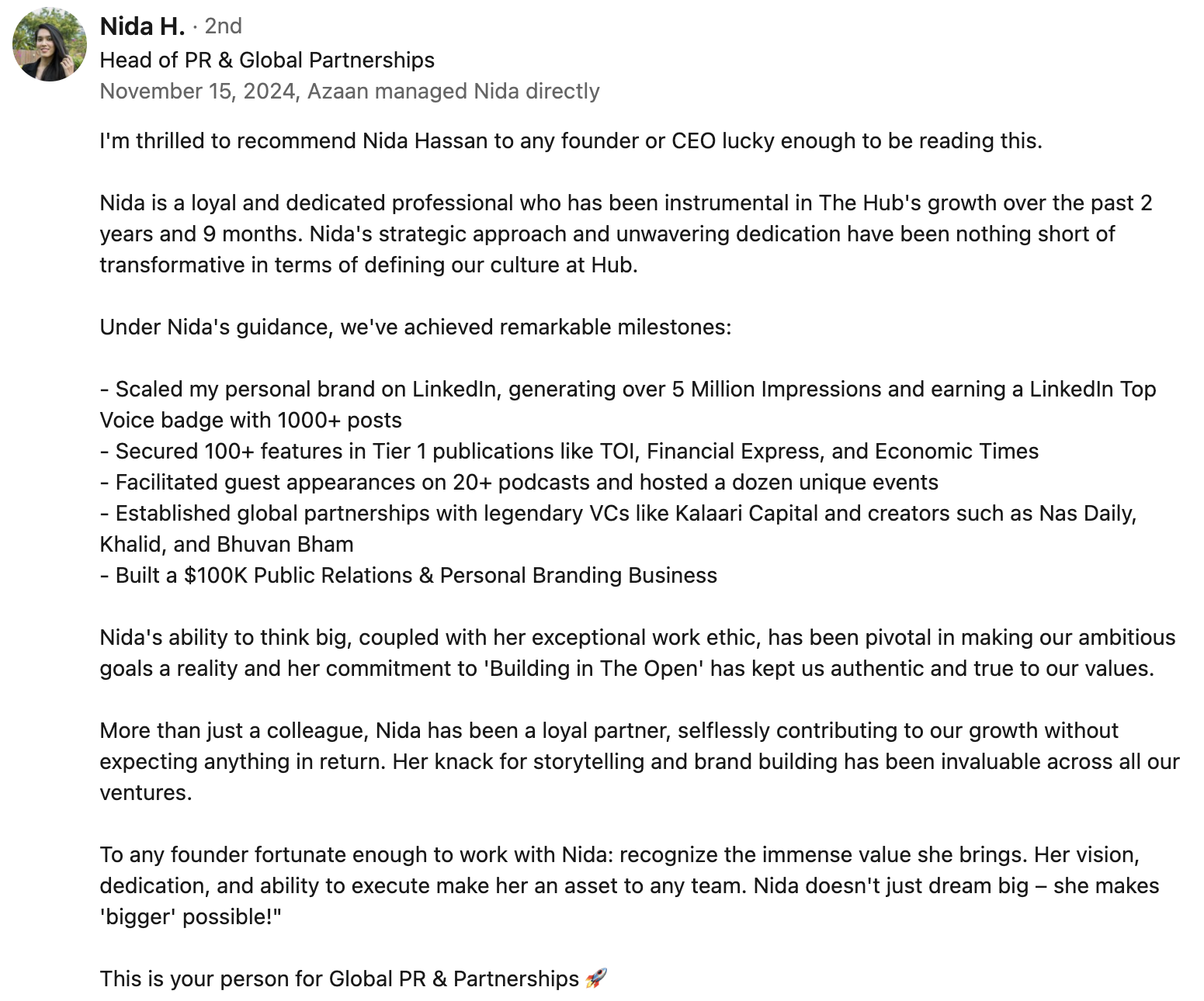 Recommendation from Nida Hassan — Head of PR & Global Partnerships