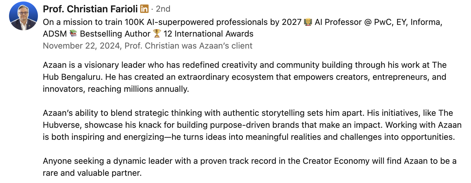 Recommendation from Prof. Christian Farioli — AI Professor & Bestselling Author