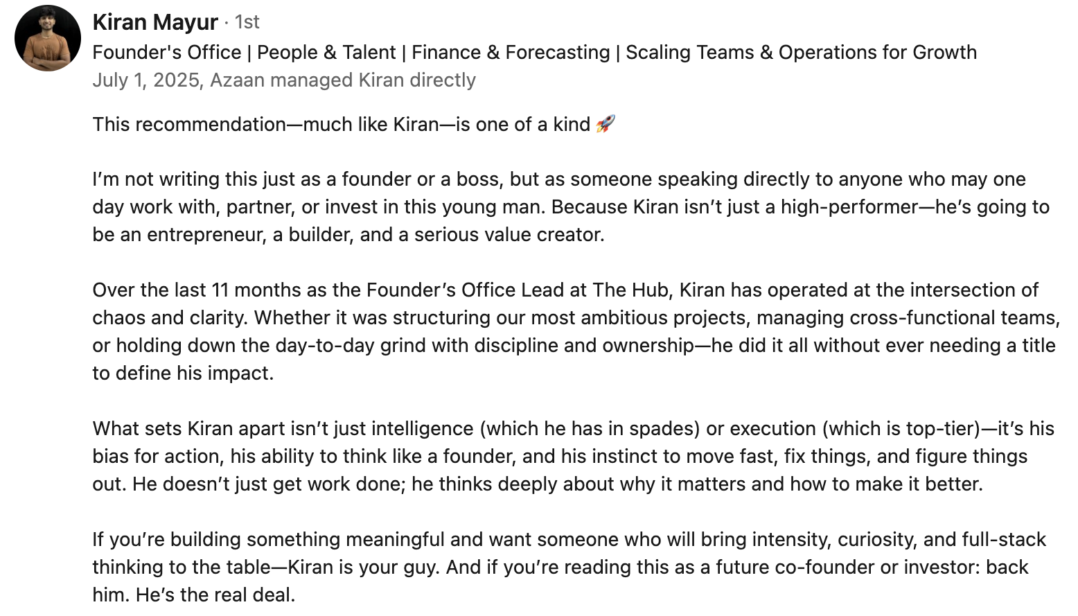 Recommendation from Kiran Mayur — Founder's Office Lead