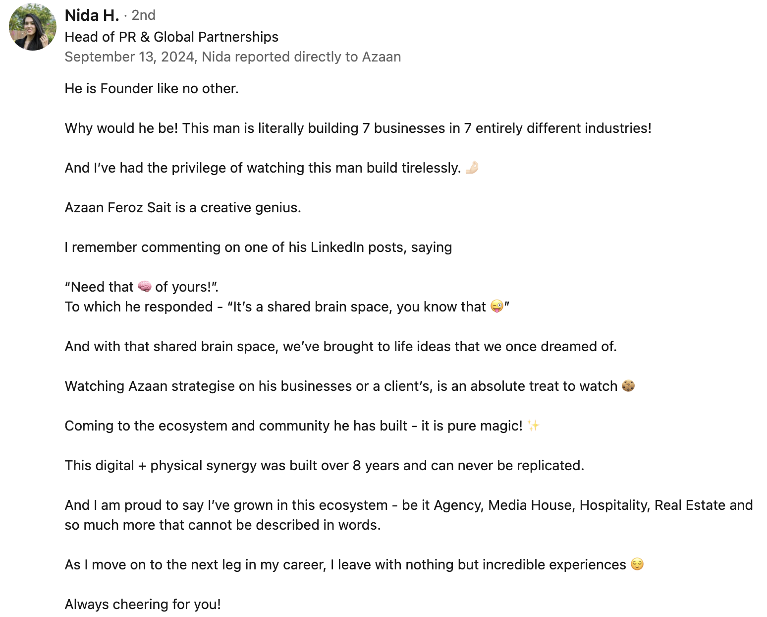Recommendation from Nida H. — Head of PR & Global Partnerships